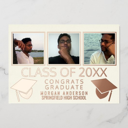 Moderne 3 fotografie Caps Ivory Roos Gold Folie Uitnodiging (Voorkant)