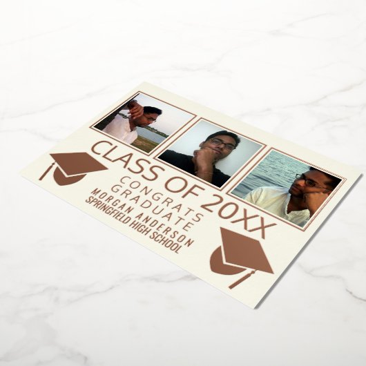 Moderne 3 fotografie Caps Ivory Roos Gold Folie Uitnodiging (Gedraaid)