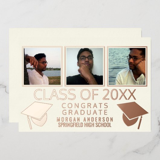 Moderne 3 fotografie Caps Ivory Roos Gold Folie Uitnodiging (Voorkant / Achterkant)