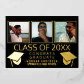 Moderne 3 fotografie, zwart en goud folie uitnodiging (Voorkant)