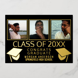 Moderne 3 fotografie, zwart en goud folie uitnodiging