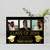 Moderne 3 fotografie, zwart en goud folie uitnodiging (Staand Voorkant)