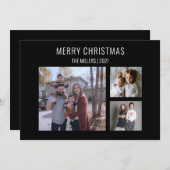 Moderne 3-fotokerstkaart - zwart feestdagenkaart (Voorkant / Achterkant)