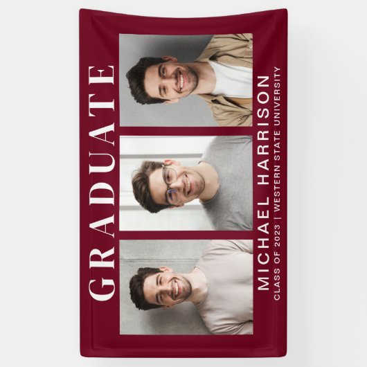Moderne 3 foto's bordeauxrood afstuderen spandoek (Verticaal)