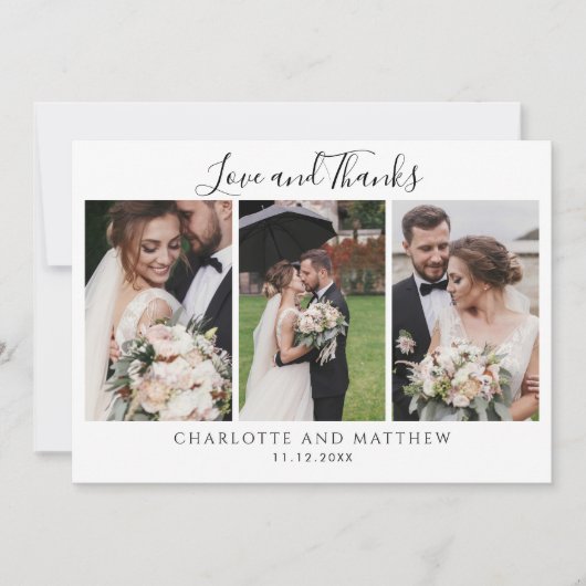 Moderne 3 foto's bruiloft Dank u Notitiekaartje (Voorkant)