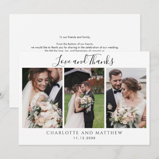 Moderne 3 foto's bruiloft Dank u Notitiekaartje (Voorkant / Achterkant)