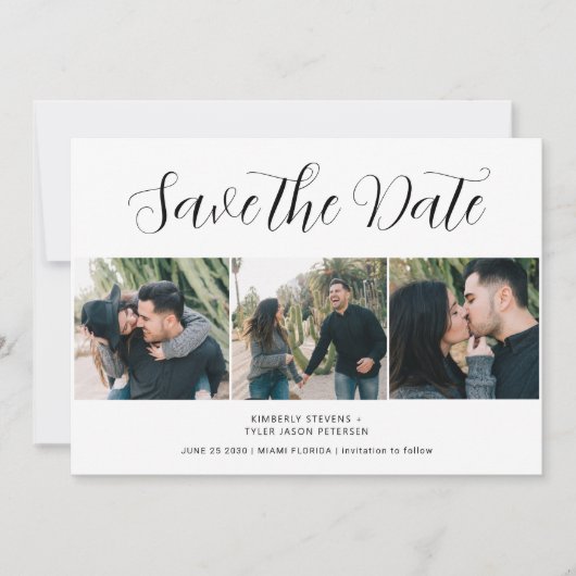 Moderne 3 foto's met script bruiloft save the date (Voorkant)