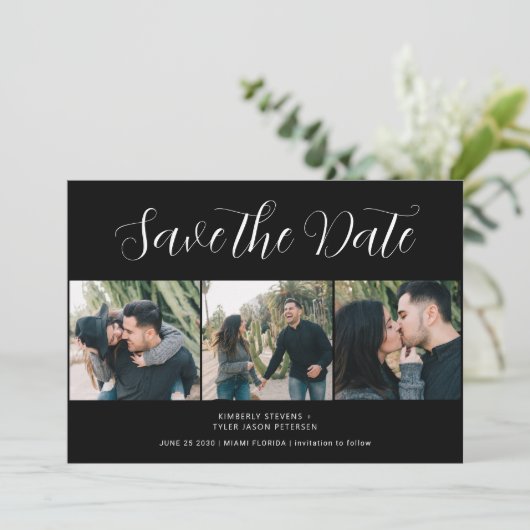 Moderne 3 foto's met script zwarte bruiloft save the date (Staand voorkant)