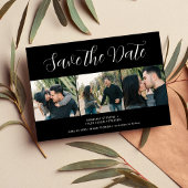 Moderne 3 foto's met script zwarte bruiloft save the date