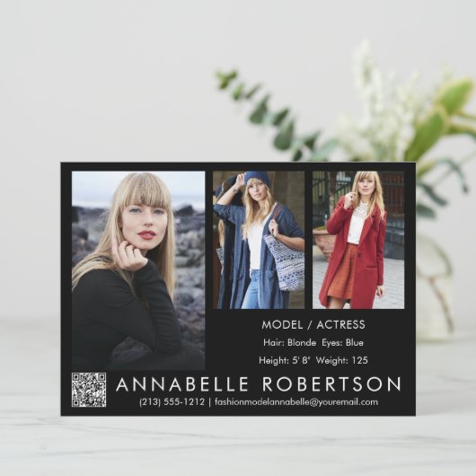Moderne 3 foto's QR Code Model Actor Comp Kaart (Staand voorkant)