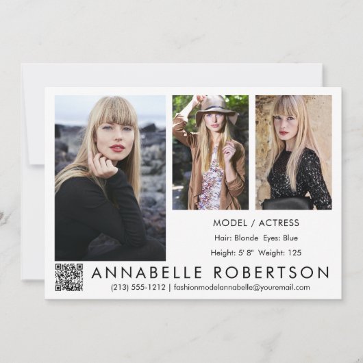 Moderne 3 foto's QR-code model en acteur comp-card Kaart (Voorkant)