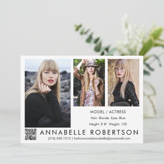 Moderne 3 foto's QR-code model en acteur comp-card Kaart (Staand voorkant)