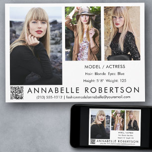 Moderne 3 foto's QR-code model en acteur comp-card Kaart