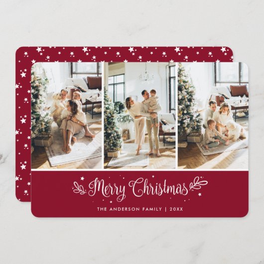 Moderne 3 fotosterren Rode vrolijke kerst Kaart (Voorkant / Achterkant)