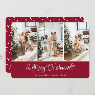 Moderne 3 fotosterren Rode vrolijke kerst Kaart