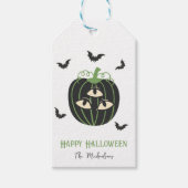 Moderne 3-ogige pompoen en vleermuizen aangepaste cadeaulabel (Voorkant)