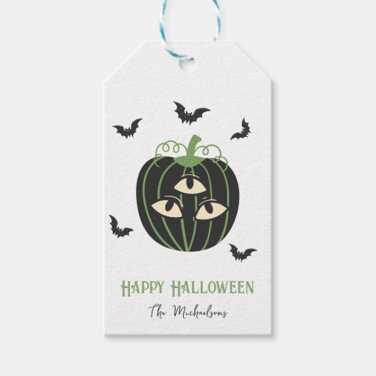 Moderne 3-ogige pompoen en vleermuizen aangepaste cadeaulabel (Voorkant)