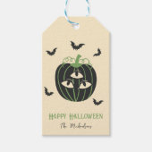 Moderne 3-ogige pompoen en vleermuizen aangepaste  cadeaulabel (Voorkant)