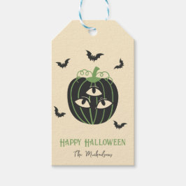 Moderne 3-ogige pompoen en vleermuizen aangepaste  cadeaulabel