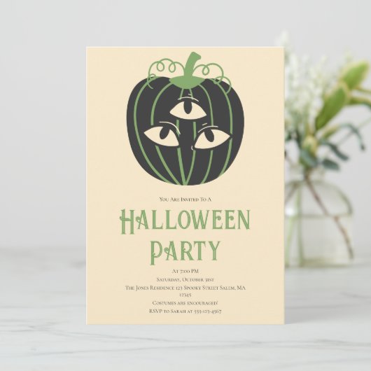 Moderne 3-ogige pompoen Halloween Party Kaart (Staand voorkant)
