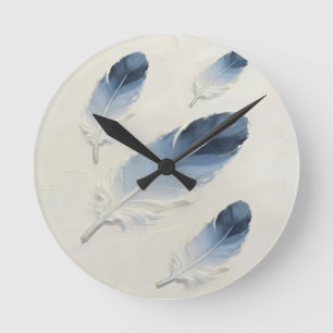 Moderne 3D Blauwe Veer Impasto Acryl⁠ Minimalistis Ronde Klok
