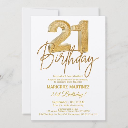 Moderne 3D gouden glitter 21e verjaardagsfeestje Kaart (Voorkant)