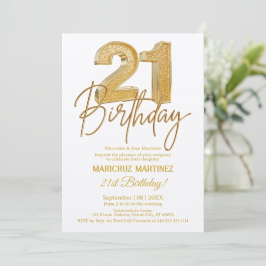 Moderne 3D gouden glitter 21e verjaardagsfeestje Kaart (Staand voorkant)