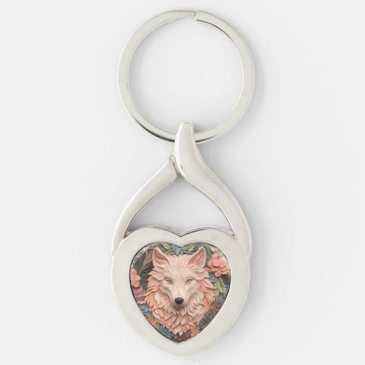 Moderne 3d Wolf Floral Peach Sleutelhanger (Voorkant)