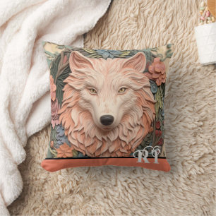 Moderne 3D Wolf Peach Monogram Kussen
