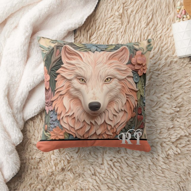 Moderne 3D Wolf Peach Monogram Kussen (Deken)