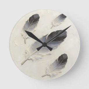 Moderne 3D Zwarte en Grijze Veer Olie Kunst Acryl  Ronde Klok