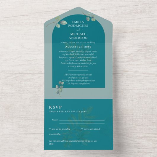 Moderne 3in1 Greenery Eucalyptus Wedding RSVP All In One Uitnodiging (Binnen)