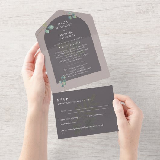 Moderne 3in1 Greenery Eucalyptus Wedding RSVP All In One Uitnodiging (Afscheurbaar)