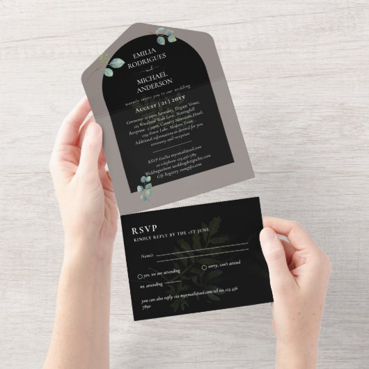 Moderne 3in1 Greenery Eucalyptus Wedding RSVP All In One Uitnodiging (Afscheurbaar)