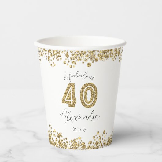 Moderne "40 en Fabulous" Gold Gitter op maat Papieren Bekers (Voorkant)