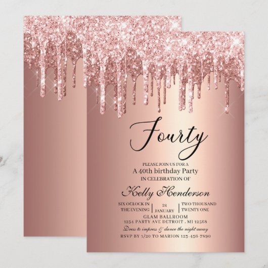 Moderne 40e verjaardag Dripping Roos Gold Kaart (Voorkant / Achterkant)