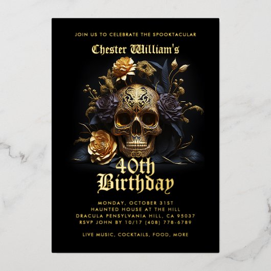 Moderne 40E VERJAARDAG GOUDEN SCHEDEL ROOS Folie Uitnodiging (Voorkant)