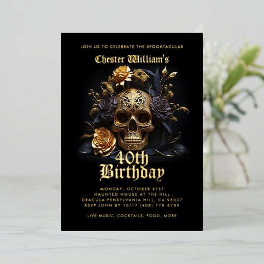 Moderne 40E VERJAARDAG GOUDEN SCHEDEL ROOS Folie Uitnodiging (Staand Voorkant)
