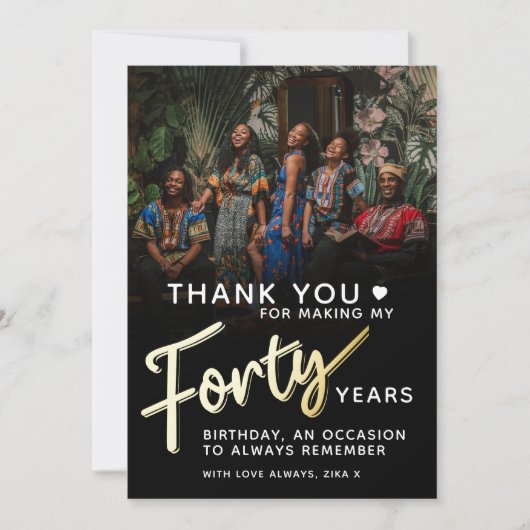 Moderne 40e verjaardag gouden zwart veertig script bedankkaart (Voorkant)