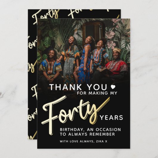 Moderne 40e verjaardag gouden zwart veertig script bedankkaart (Voorkant / Achterkant)