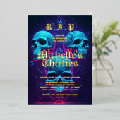 Moderne 40e Verjaardag RIP Dertiger Neon Skull Folie Uitnodiging (Staand Voorkant)