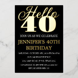 Moderne 40e verjaardag zwarte goudolie QR-code vee Folie Uitnodiging