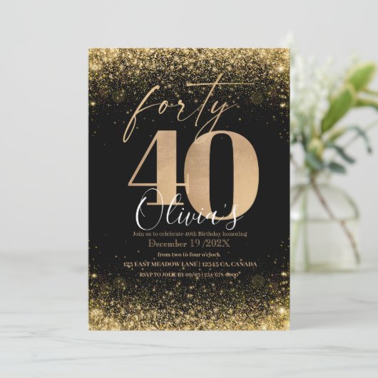 Moderne 40e verjaardagsfeest zwart goud glitter kaart (Staand voorkant)
