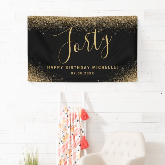 Moderne 40e verjaardagsfeestje Zwart Goud Glitter  Spandoek (Insitu)