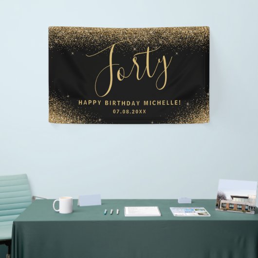 Moderne 40e verjaardagsfeestje Zwart Goud Glitter  Spandoek (Beurs)