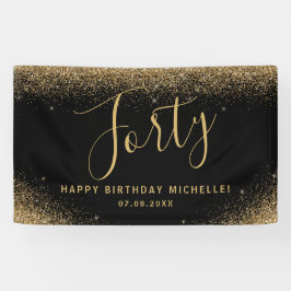 Moderne 40e verjaardagsfeestje Zwart Goud Glitter  Spandoek