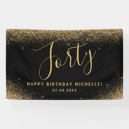 Moderne 40e verjaardagsfeestje Zwart Goud Glitter  Spandoek (Horizontaal)