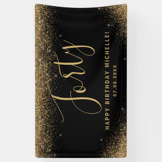 Moderne 40e verjaardagsfeestje Zwart Goud Glitter  Spandoek (Verticaal)