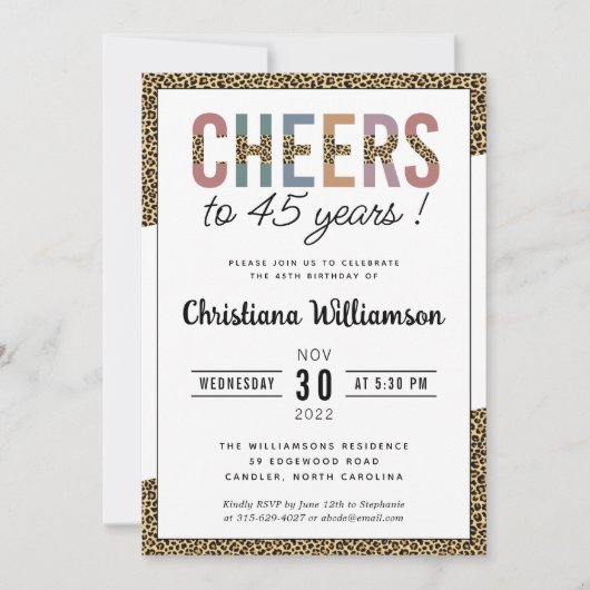 Moderne 45e verjaardagsfeestje Luipaard Print Eleg Kaart (Voorkant)