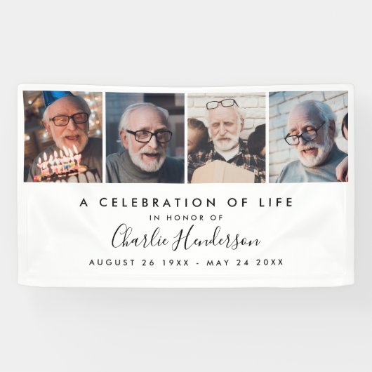 Moderne 4-foto aangepaste tekst begrafenisbanner spandoek (Horizontaal)